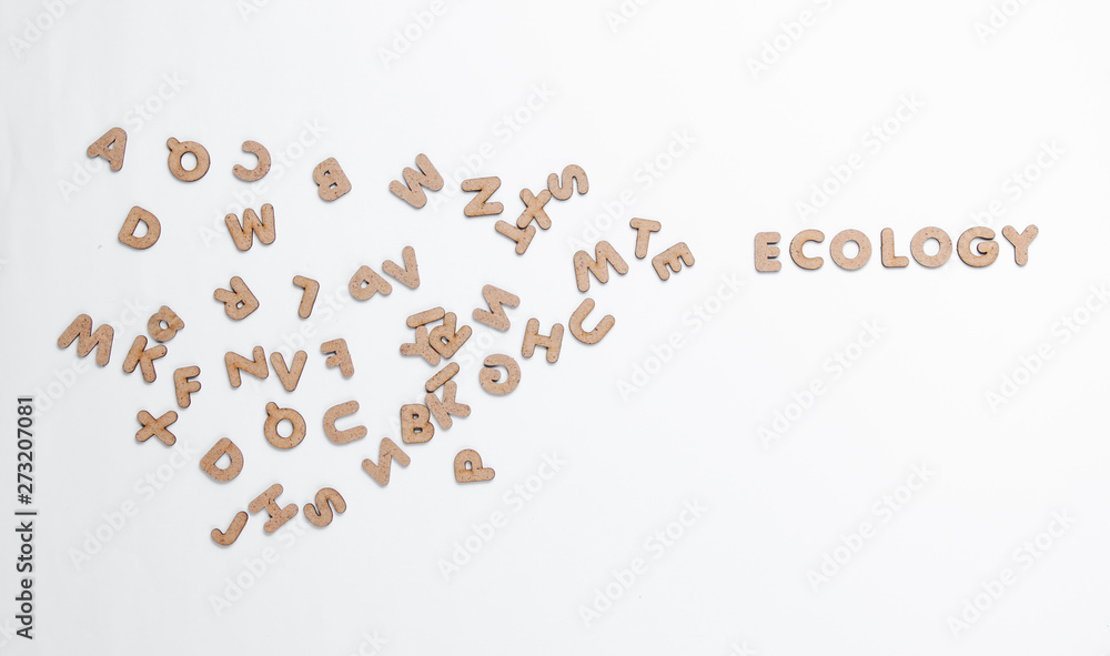 The word ecology among many letters on a white background. Top view The word ecology among many letters on a white background. Top view