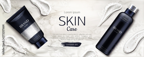 Cosmetics bottles skin care mockup, beauty product line with cream smear brush strokes on marble background. Cosmetic scrub and foam tubes packaging advertising promo design banner Realistic 3d vector
