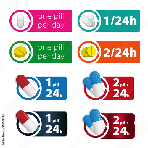 One pill, two pills per day colorful sign