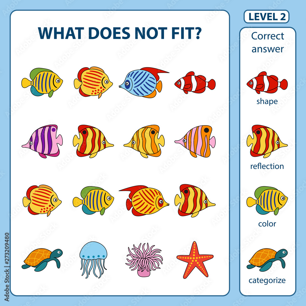 Set of logical tasks for children on the sea animals and fish theme Set of logical tasks for children on the sea animals and fish theme