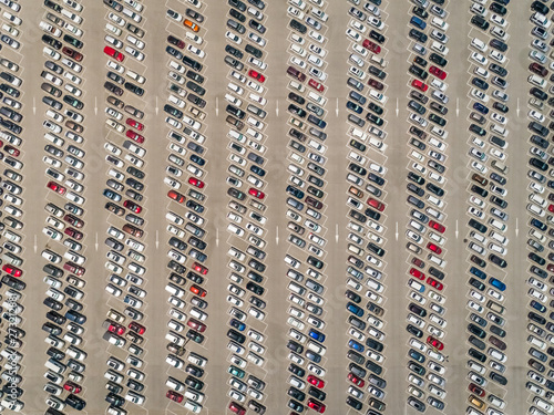 Aerial view of cars parked outside Motiongate theme park, Dubai, UAE photo