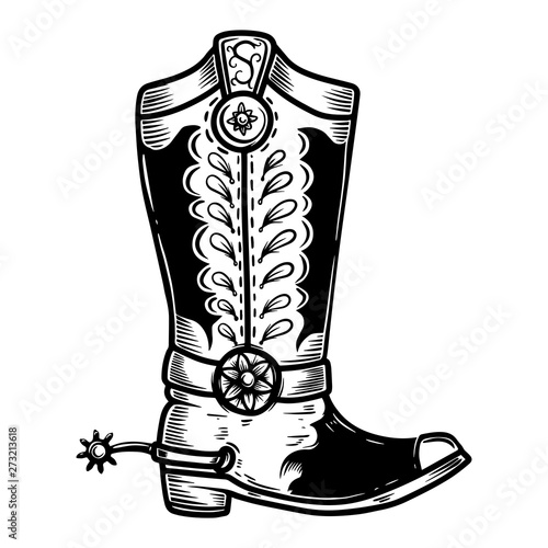 Hand drawn illustration of cowboy boot isolated on white background. Design element for poster, card, banner, t shirt, emblem, sign. Vector illustration