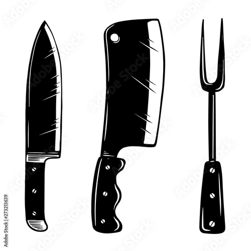 Kitchen appliances. Knife, meat cleaver, fork. Design element for logo, label, sign, poster, card, banner, flyer. Vector illustration