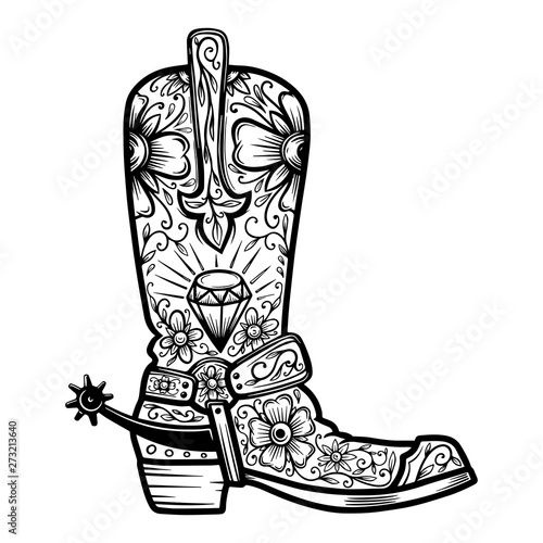 Cowboy boot with floral pattern.  Design element for poster, t shirt, emblem, sign.