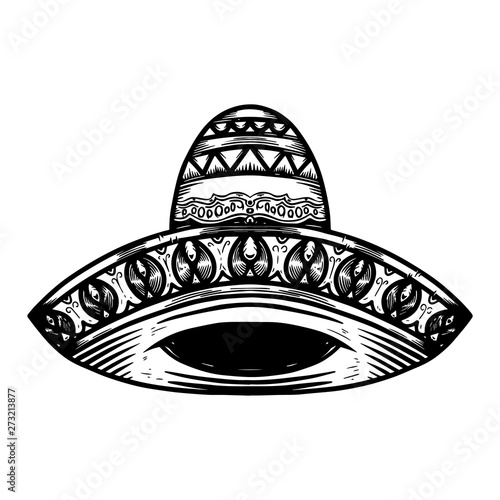Mexican sombrero in tattoo style isolated on white background. Design element for poster, t shit, card, emblem, sign, badge.