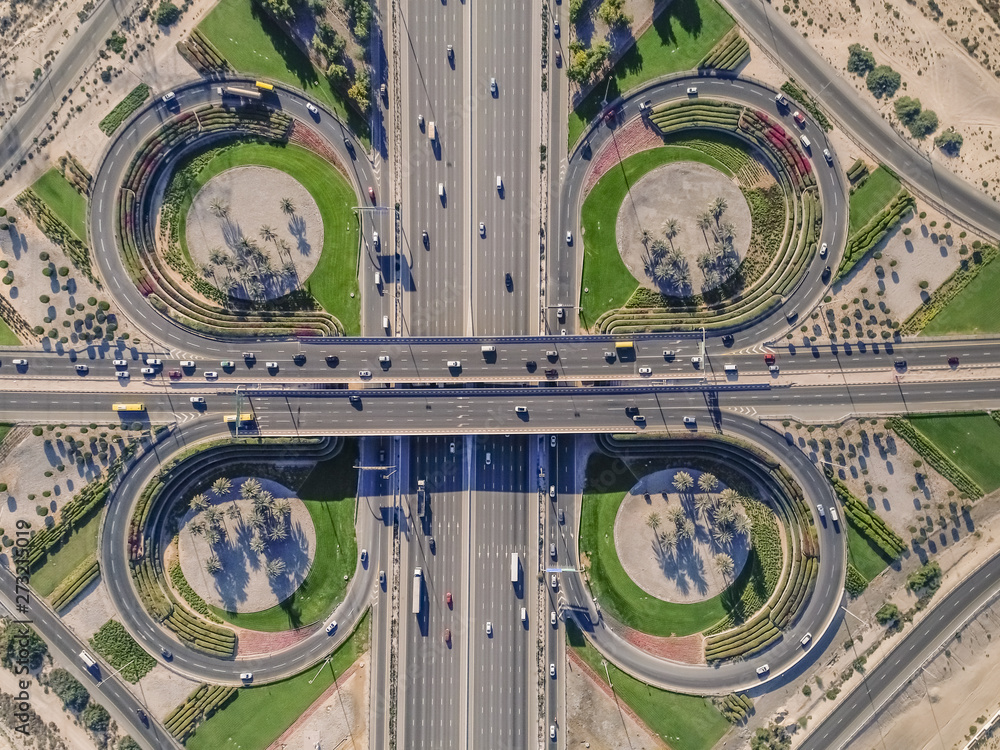 Aerial view of road with geometrical pattern in Dubai, Unites Arab Emirates.