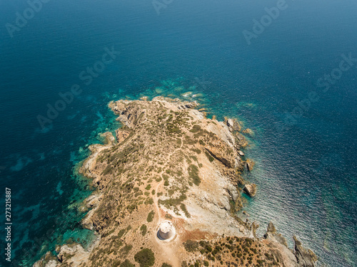 Aerial view of Tower on Malfatano cape in Sardinia, Italy. photo