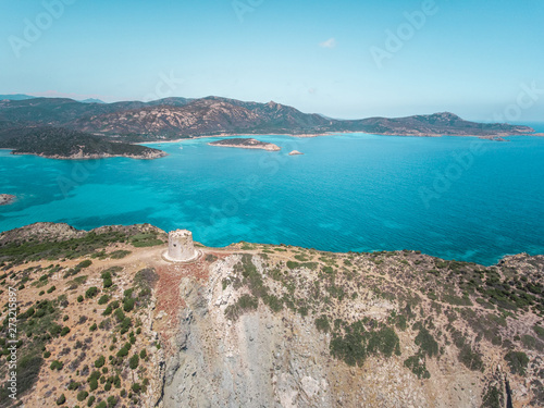 Aerial view of Tower on Malfatano cape in Sardinia, Italy. photo