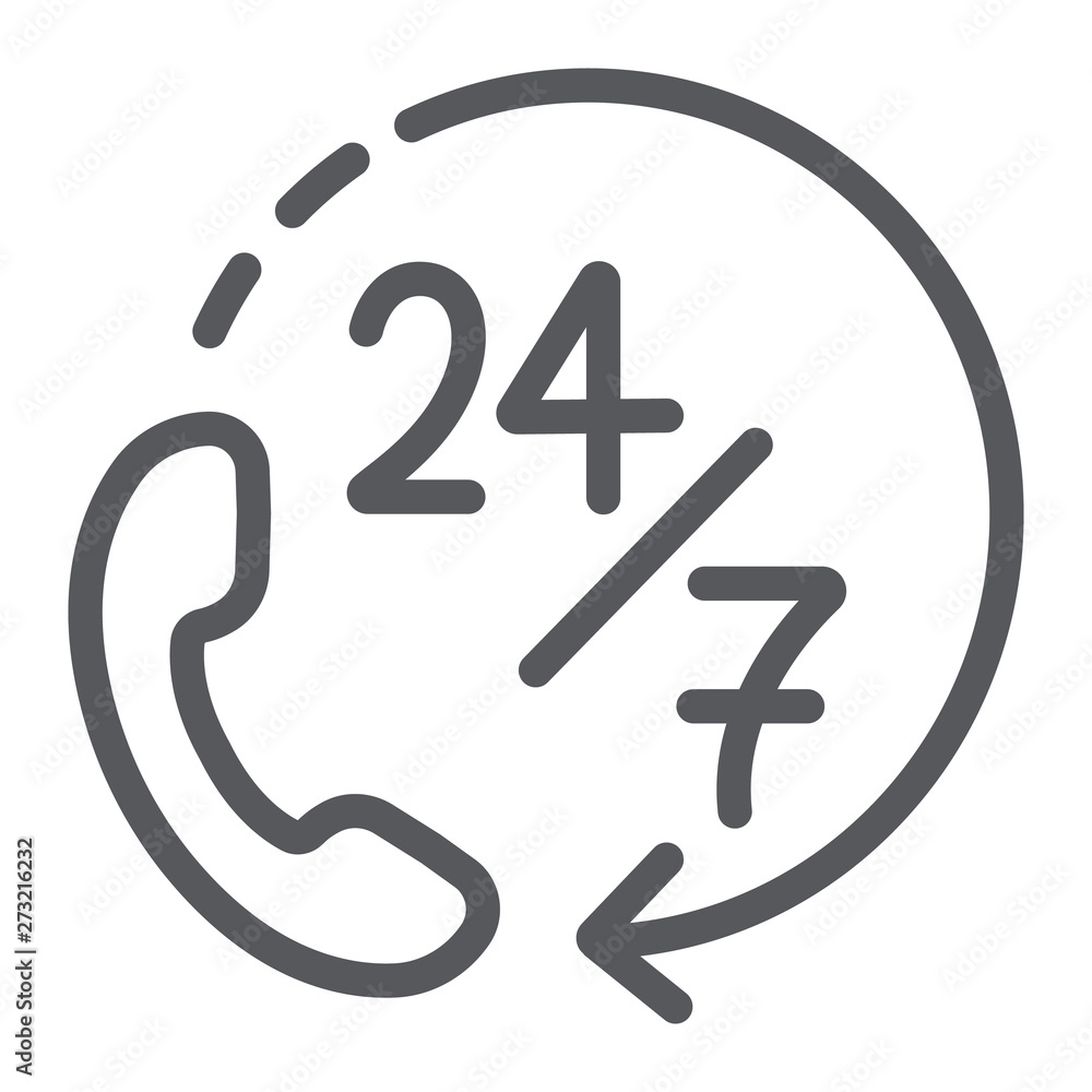 Call 24 7 line icon, service and assistance, support 24 7 sign, vector graphics, a linear pattern on a white background. Call 24 7 line icon, service and assistance, support 24 7 sign, vector graphics, a linear pattern on a white background.