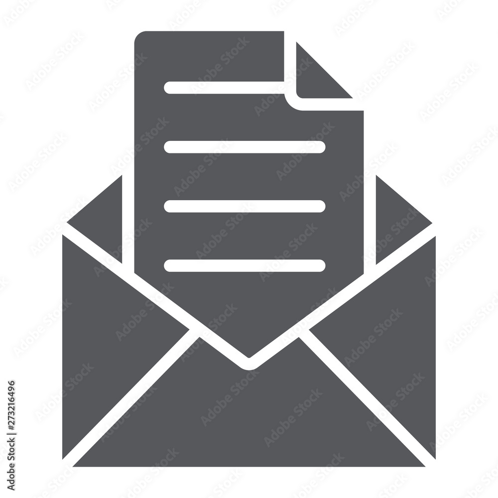 Envelope with letter glyph icon, mail and post, open envelope sign, vector graphics, a solid pattern on a white background. Envelope with letter glyph icon, mail and post, open envelope sign, vector graphics, a solid pattern on a white background.