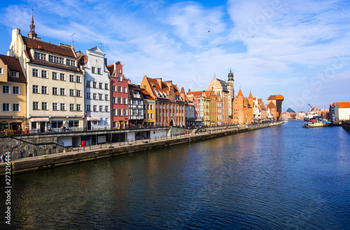Gdansk, Poland - February 08, 2019: View to historical waterfront of Gdansk's Main Town on the Motlawa River. Gdansk, Poland