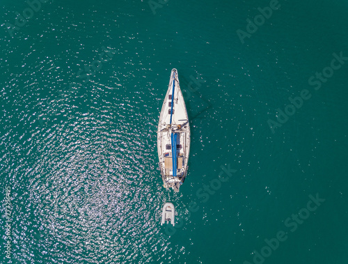 Aerial view of sailboat anchored in the mediterranean sea, Etoloakarnania, Greece. photo