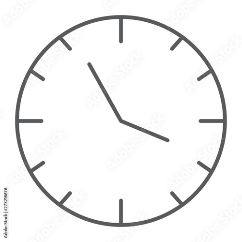 Clock thin line icon, time and hour, watch sign, vector graphics, a linear pattern on a white background.