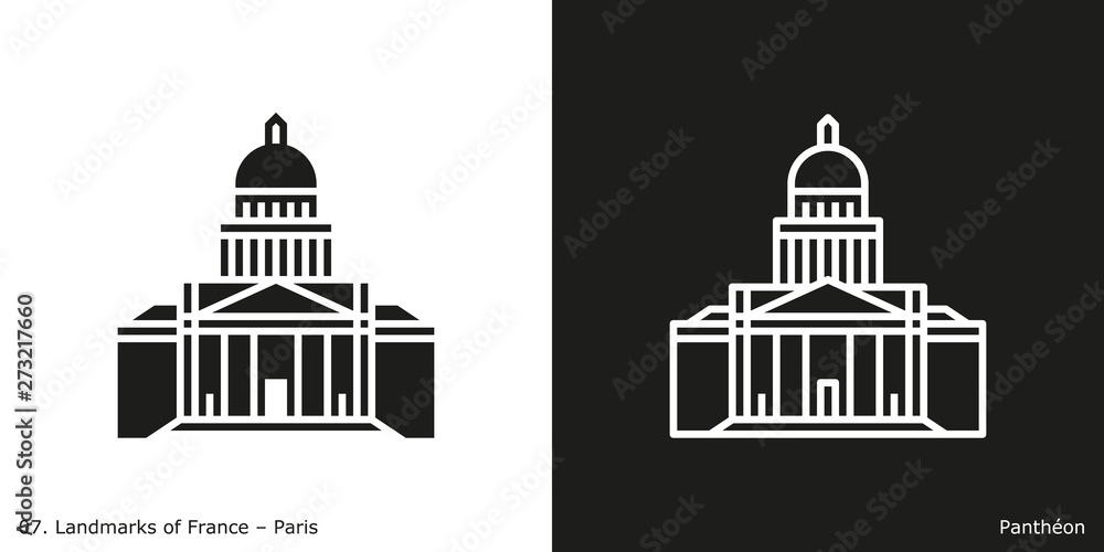 Paris - Panthéon. Outline and glyph style icons of the famous landmark from Paris.