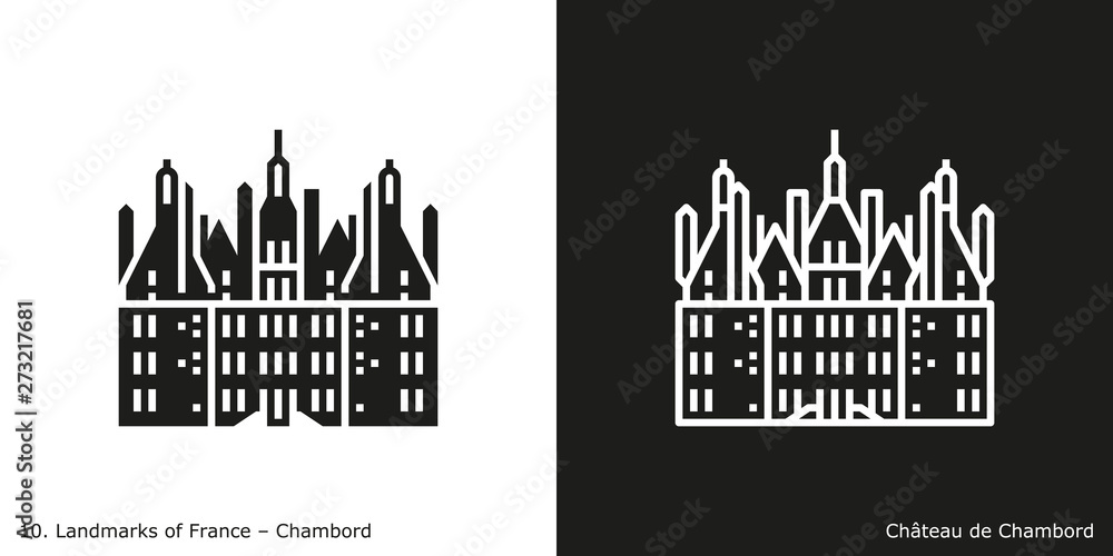 Chambord - Château de Chambord. Outline and glyph style icons of the famous landmark from France.