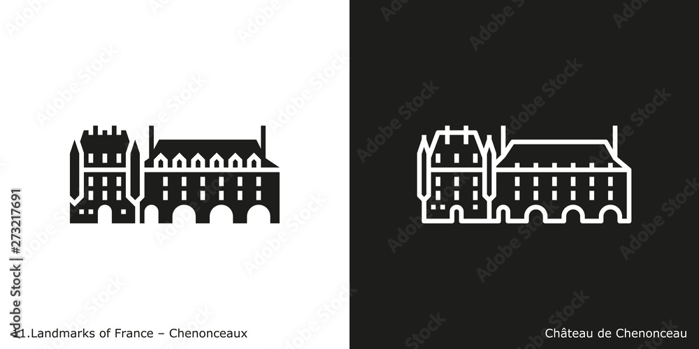Chenonceaux - Château de Chenonceau. Outline and glyph style icons of the famous landmark from France.