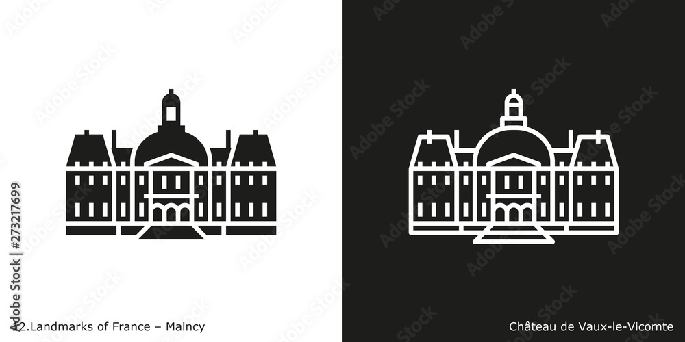 Maincy - Château de Vaux-le-Vicomte. Outline and glyph style icons of the famous landmark from France.