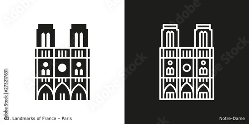 Paris - Notre-Dame. Outline and glyph style icons of the famous landmark from Paris.