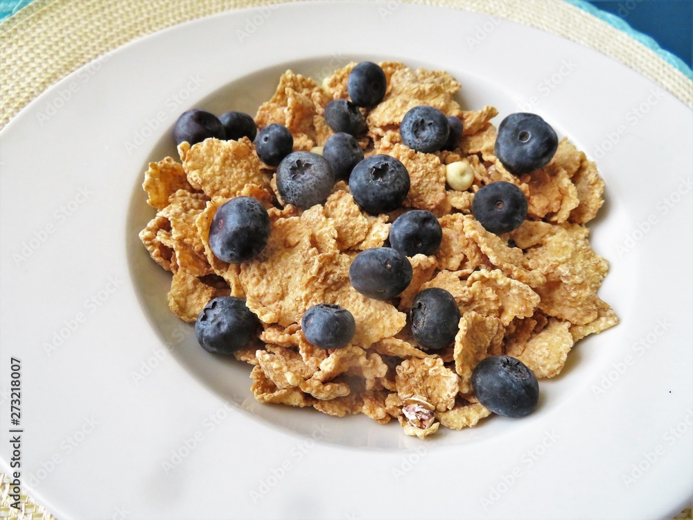 Bowl of cereal with fresh blueberries for a nutritional breakfast Bowl of cereal with fresh blueberries for a nutritional breakfast