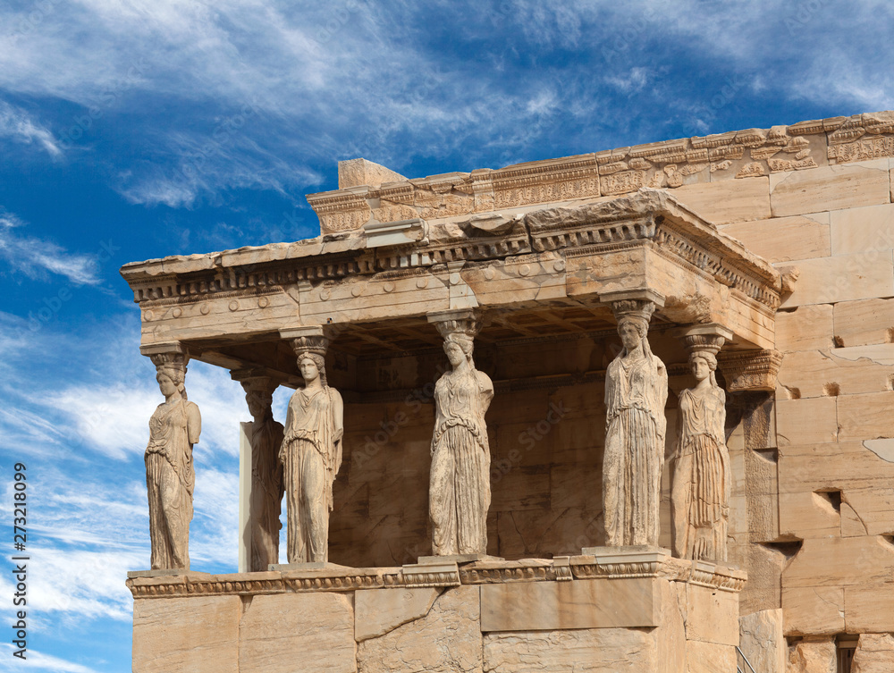 Porch of the Caryatids at famous ancient Erechtheion Greek temple in Athens, Greece
