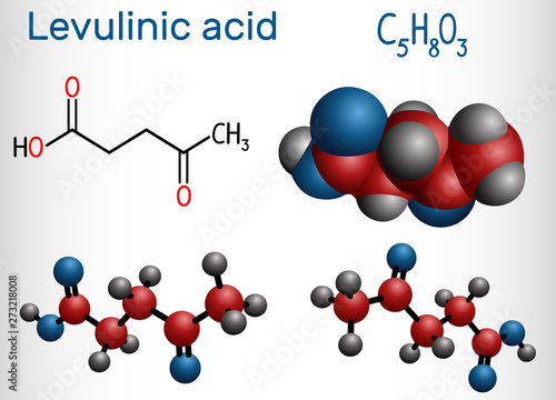 Levulinic acid molecule, is a crystalline keto acid prepared from levulose, inulin, starch. Structural chemical formula and molecule model