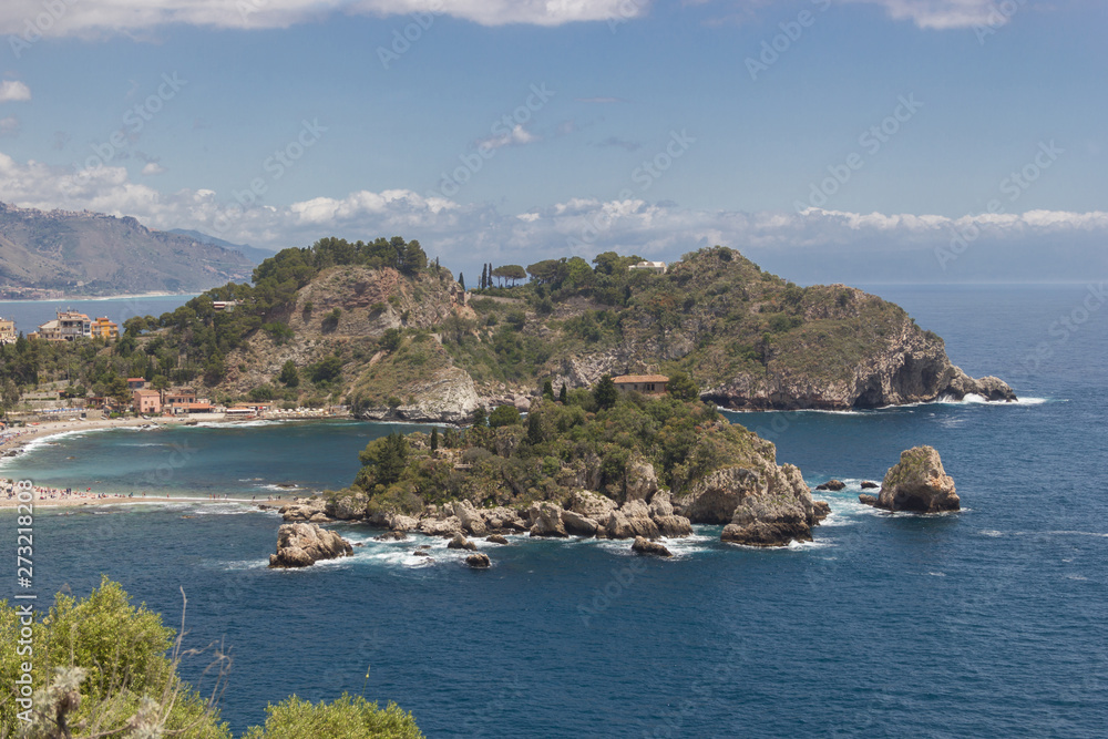 Taormina Sicily Isola Bella scenic panorama, beautiful famous island with side hills and Mediterranean nature