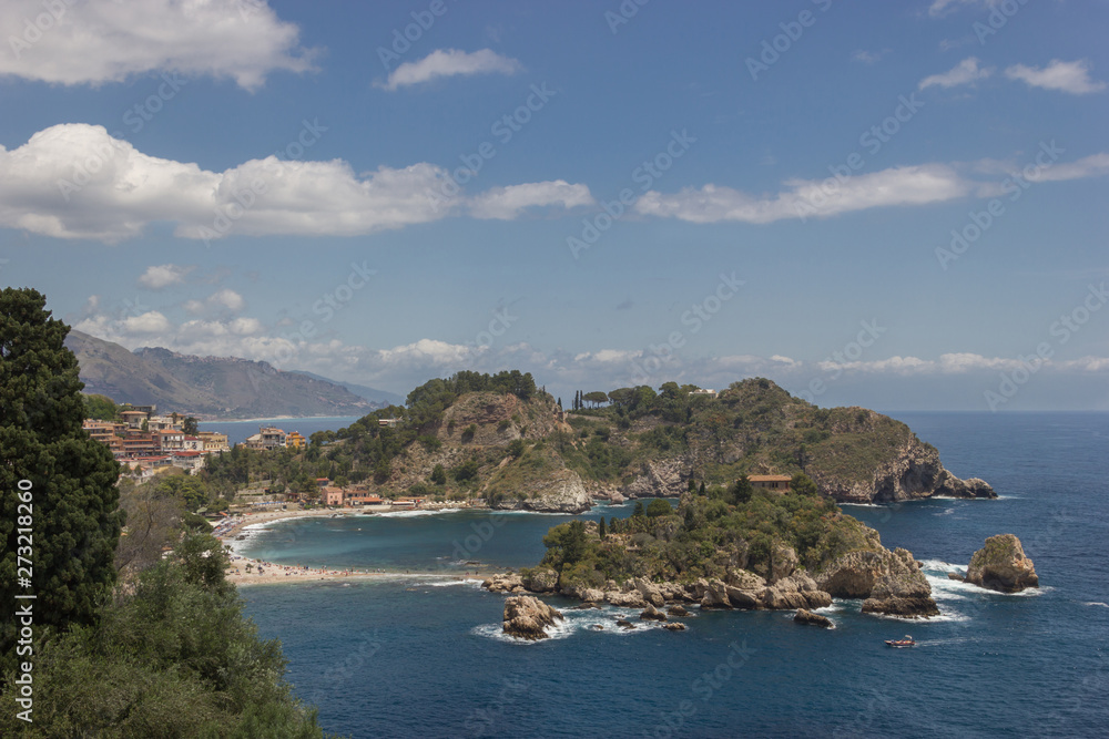 Taormina Sicily popular beautiful beach side at Isla Bella, Mediterranean seascape and nature in Summer