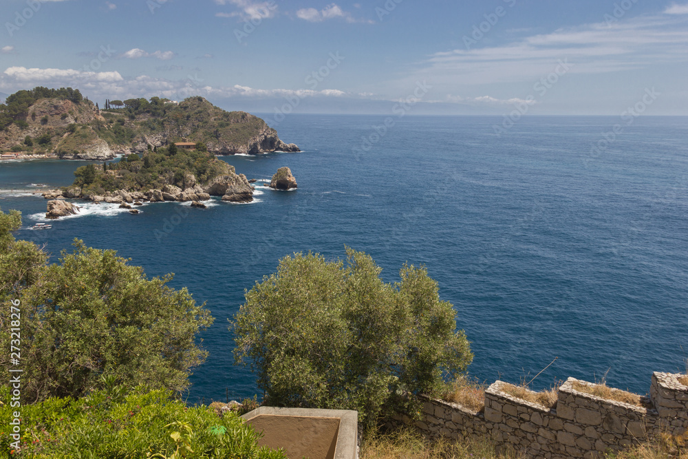 Taormina Sicily panoramic view of Isola Bella from a terrace, beautiful tourist destination with blue sea and nature