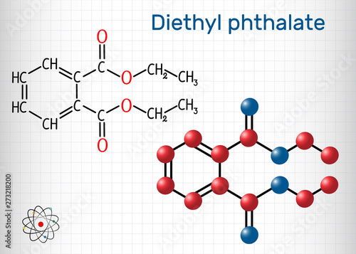 Diethyl phthalate, DEP plasticizer molecule, is a phthalate ester. Structural chemical formula and molecule model. Sheet of paper in a cage