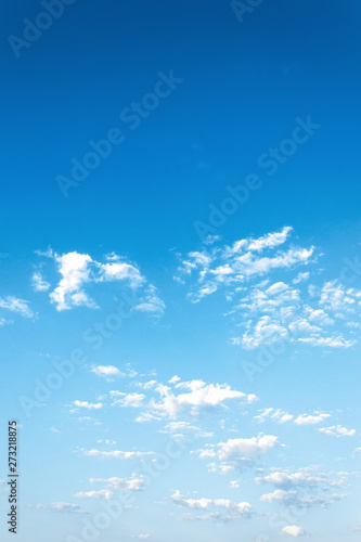 beautiful summer sky background. lots of white fluffy clouds on the blue sky. vivid nature background. calm and sunny weather