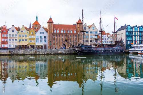 Gdansk, Poland - February 06, 2019: View of Gdansk's Main Town and berth ships on the Motlawa River. Gdansk, Poland