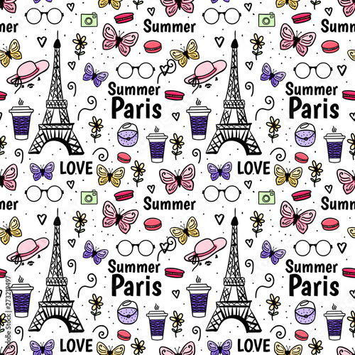 Seamless pattern Summer Paris, Eiffel Tower, butterfly. Vector hand drawn sketch isolated on white