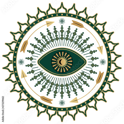 Mystic eye symbol boho illustration. Art deco print with gold and green color