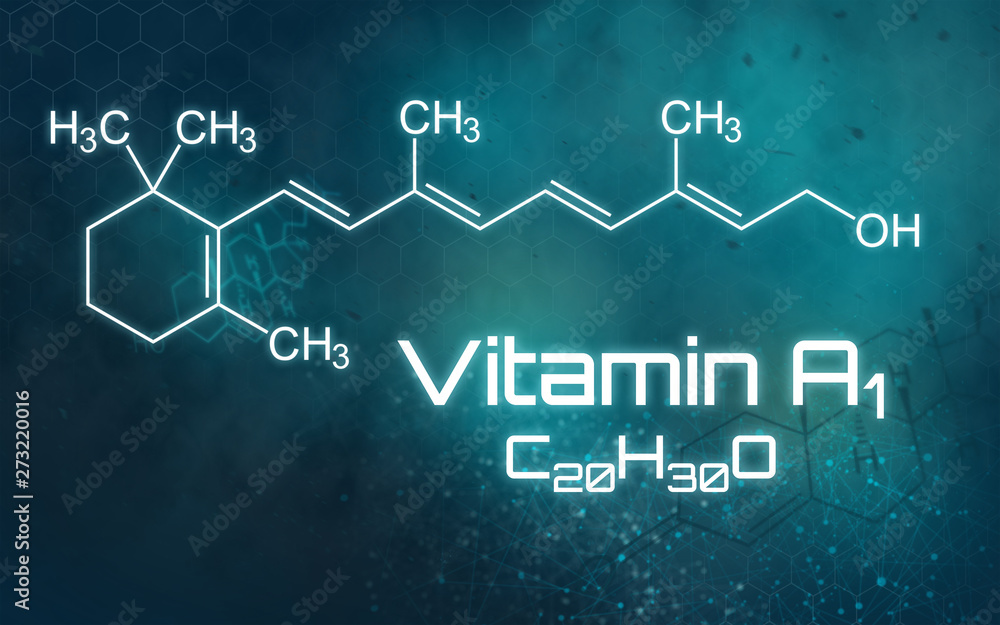 Chemical formula of Vitamin A1 on a futuristic background Chemical formula of Vitamin A1 on a futuristic background