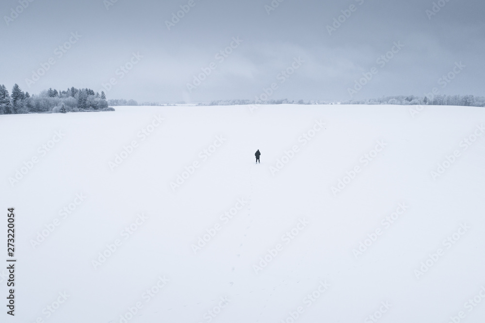 Man walking on a snowy field during Estonian winter. Man walking on a snowy field during Estonian winter.
