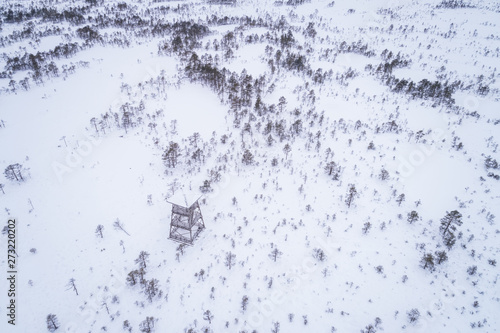 Aerial view of nordic landscapes covered with snow in Harju maakond, Estonia.