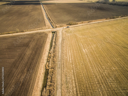 Aerial view of farmland in countryside of Estonia.