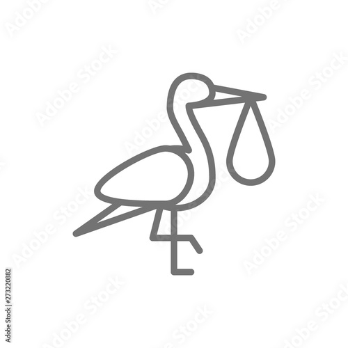 Crane bird with baby bag, stork line icon.