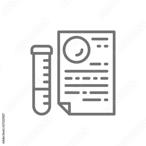 Medical glass tube with document, dna tests, paternity test result line icon.