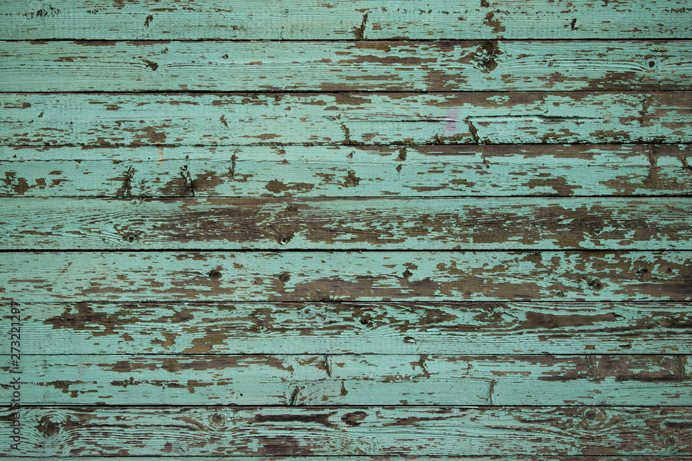 Green colored wall made of wooden planks.