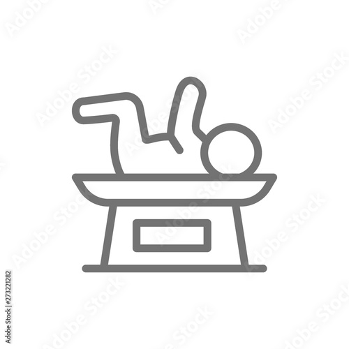 Baby on scale, weight scale for infant line icon.