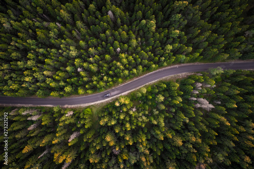 Aerial view of car on empty road in the forest in Estonia. photo