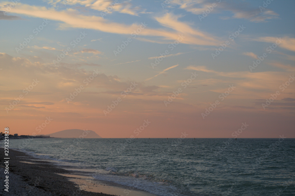 Monte Conero in background, adriatic sea,italy,horizon,orange,nature, cloud, landscape, waves,
