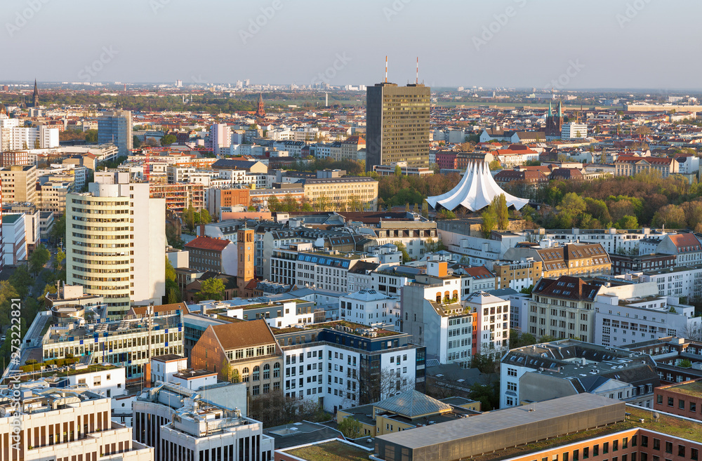 Berlin evening aerial cityscape, Germany.