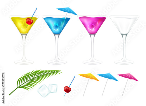 Cocktails decoration elements. Glass with drink, empty glass, cherry, umbrelle, ice and green palm leaf. © IlayaStudio