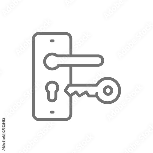 Door handle with key  lock line icon.