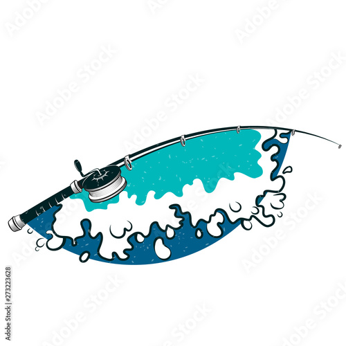 Fishing rod silhouette and blue wave design for fishing