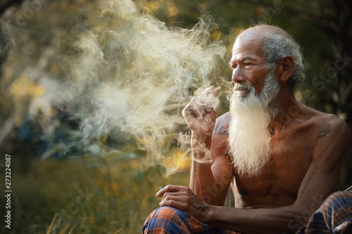 Canvas Print Portrait of old man with white beard smoking.