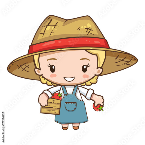 Vector illustration of cute chibi character isolated on white background. The farmer holds a box of vegetables. Farmer girl in straw hat with red ribbon.