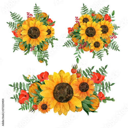 Beautiful bouquets collection with sunflowers,leaves,branches,ferns, rosehip berries and poppies. Watercolor bouquets for your design. Perfect for wedding,invitation,template card,Birthday,textile. © Helen